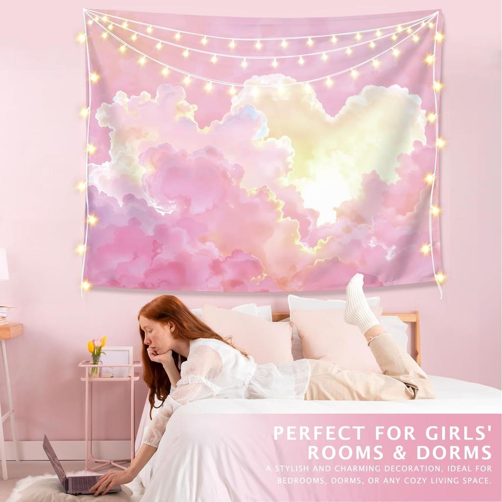 Preppy Pink Cloud Tapestry Wall Hanging, Preppy Room Decor, Pink Clouds Natural Landscape Aesthetic Wall Blanket Decor For Home