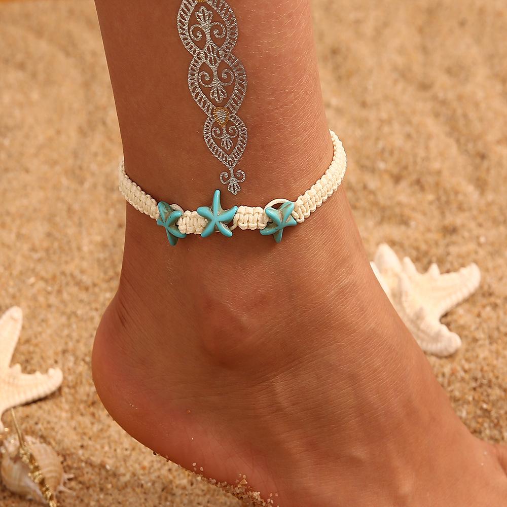Bohemian Retro Wax Rope Mixed Color Woven Turquoise Sunflower Handmade String Mixed Color Rice Bead Multi-Layer Anklet