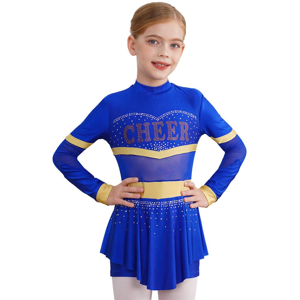 Girls One-Piece Cheerleading Costume: Long Sleeve Mesh Patchwork Shiny Diamonds Jumpsuit for Dance Gymnastic Performance