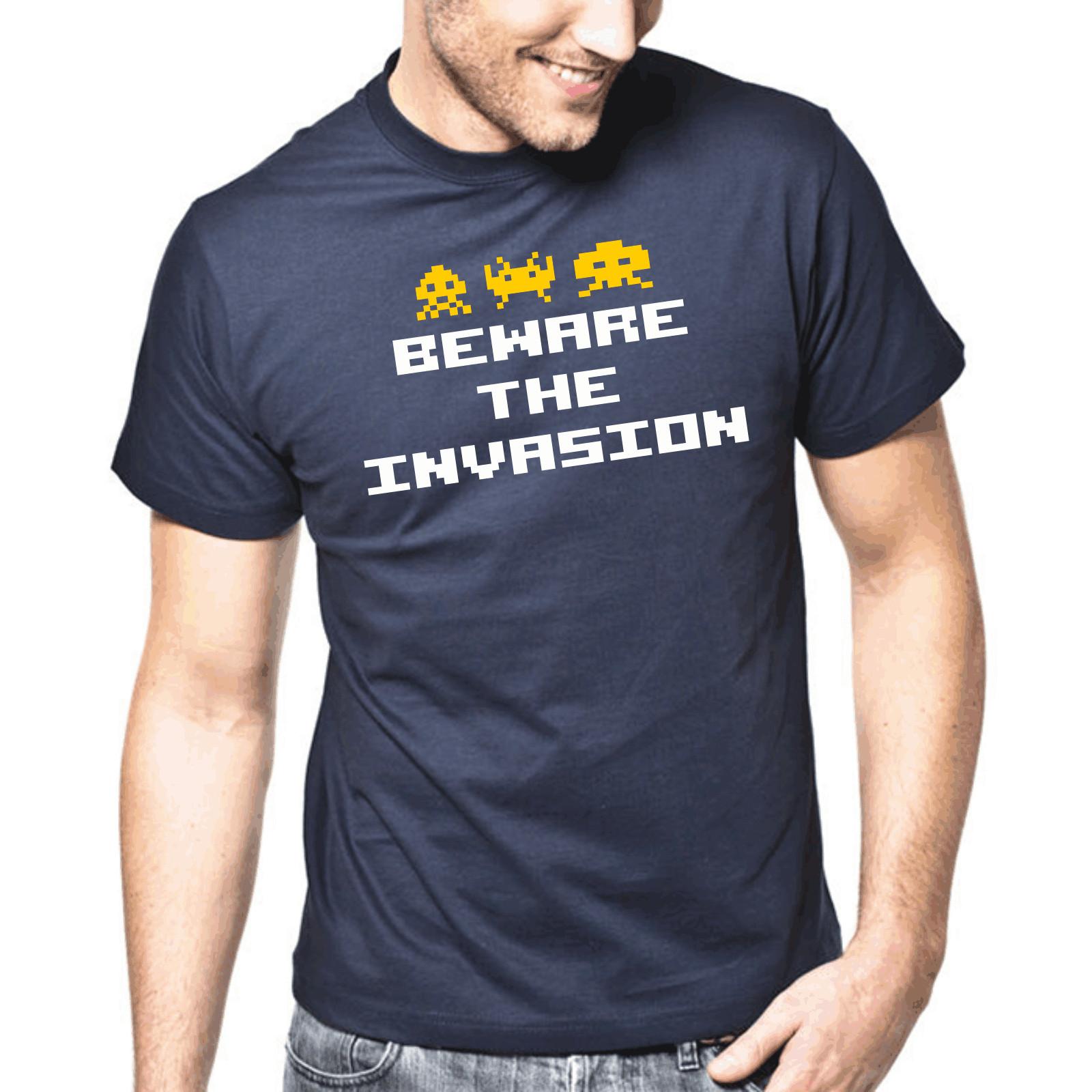 Beware the Invasion Gamer 8Bit Nerd Geek Retro Sayings Gift Funny T-Shirt Mens Womens Tees Top M