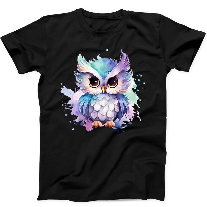 Cute Watercolor Owl Bird  Owlet Funny Gift Tee Black T Shirt 105