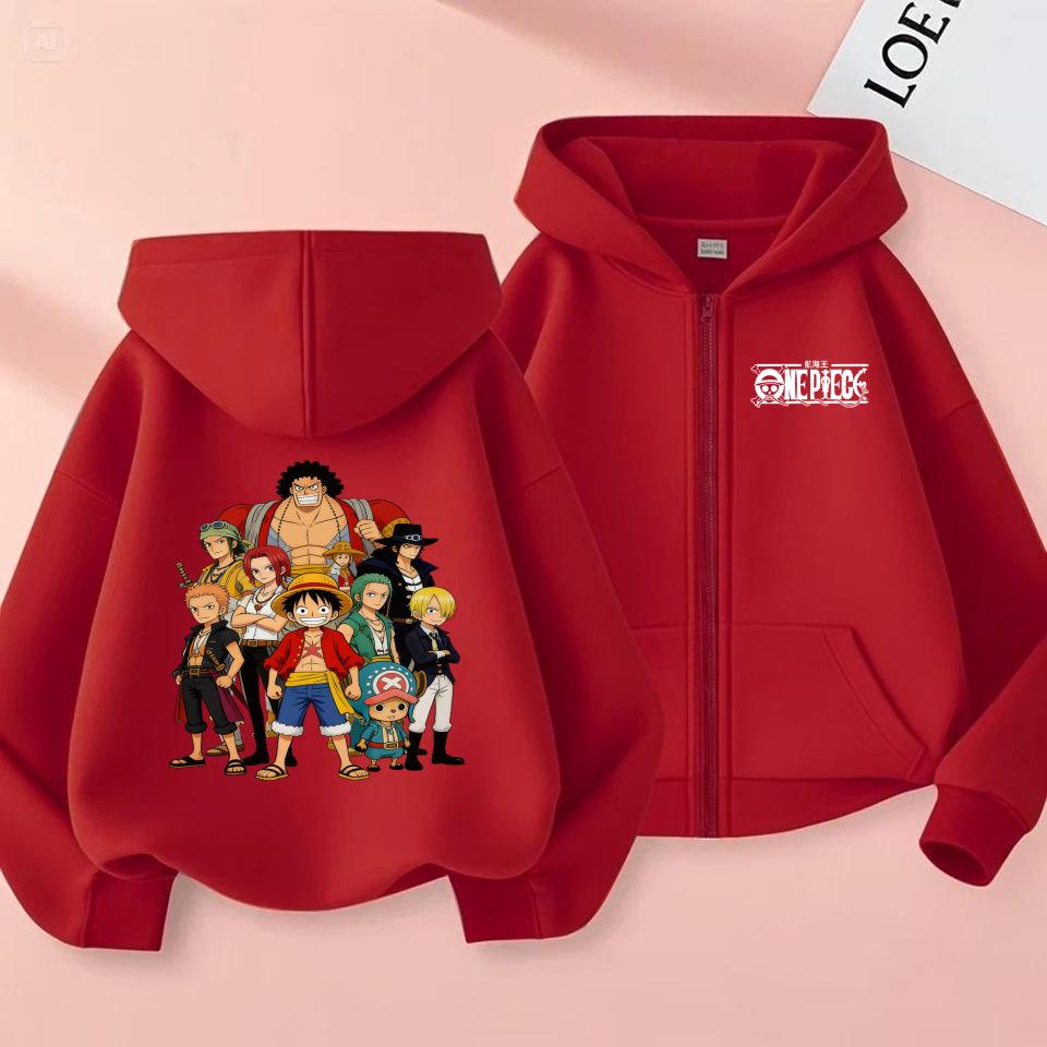 Unisex Kids One Piece Monkey D. Luffy Zipper Hoodie - Straw Hat Pirates Anime Cardigan