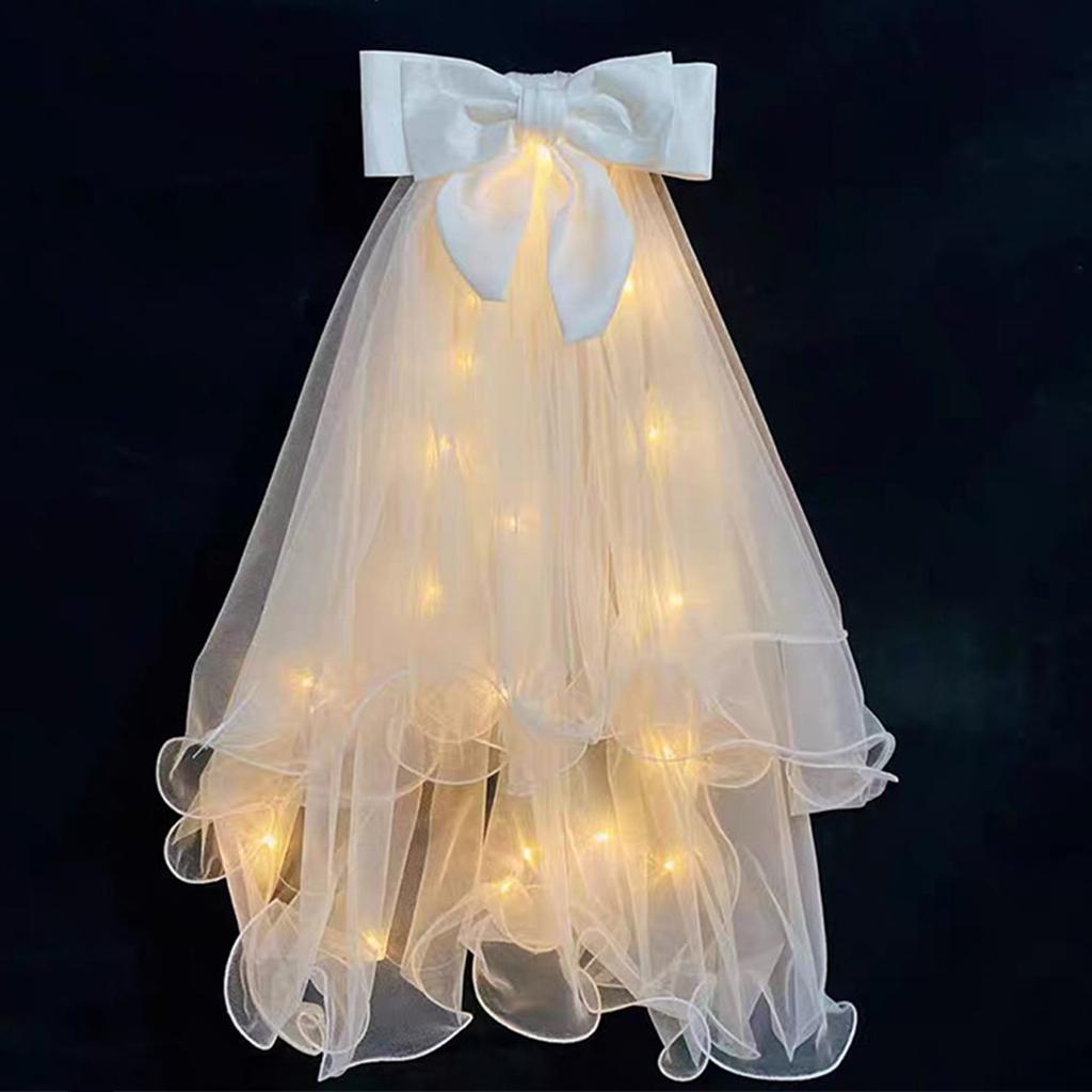 Świecący Tiul Ślubny Biały Welon Ślubny z Kokardą Eleganckie Dodatki dla Panny Młodej Długi Welon Damski z Podświetleniem LED