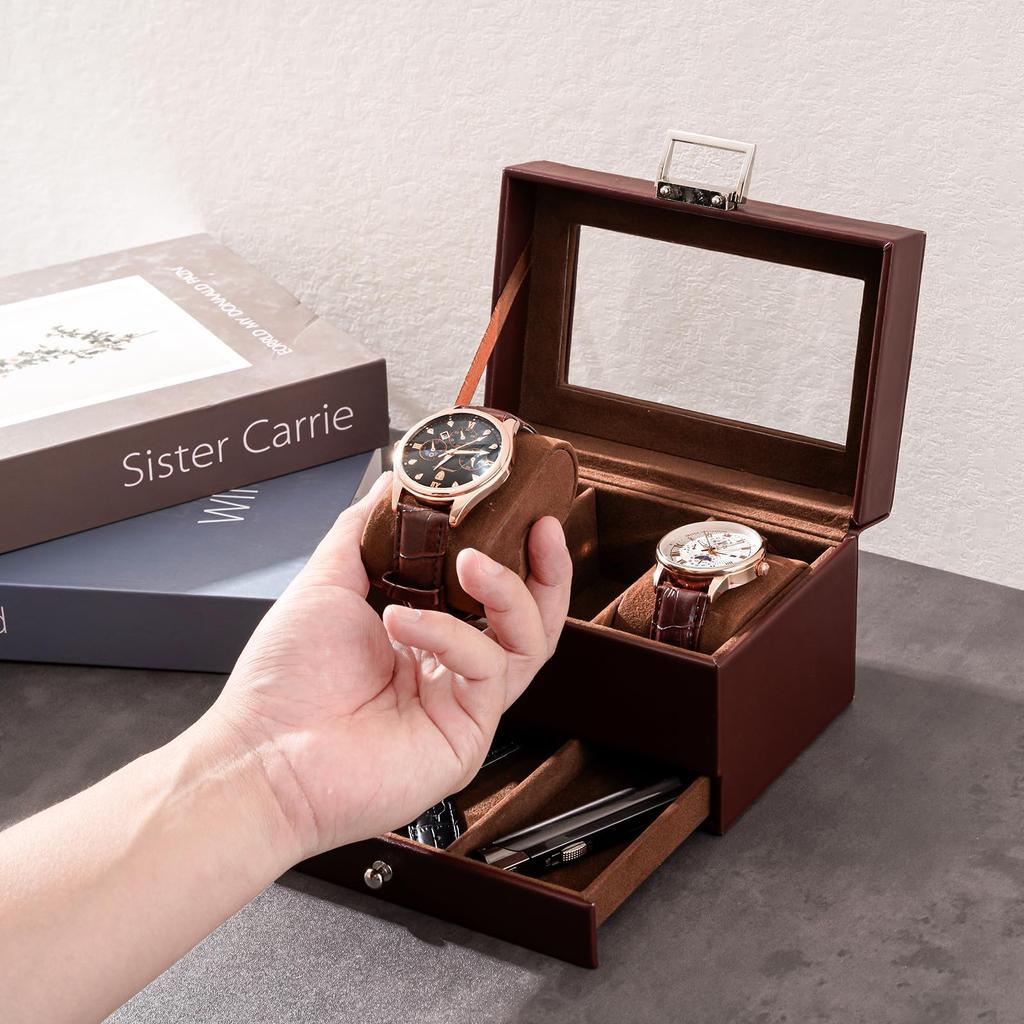 ProCase Watch 3 Slot Watch Display Case with Watch Case with Glass 2 Layer Jewelry Storage Holder Organizer Men's Box, Drawer, Men's Lid,