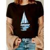 European Sizes Women'S Casual Short Sleeve T-Shirt - Summer Sailboat Graphic Tee with White Sailboat & Blue Water Design, Crew Neck