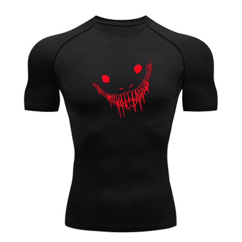 Men's Compression Fitness Sports T-shirt, Red Smiley Face Graffiti Drip Print Quick Dry Breathable Athletic Top for Gym Workout Running Training Casua