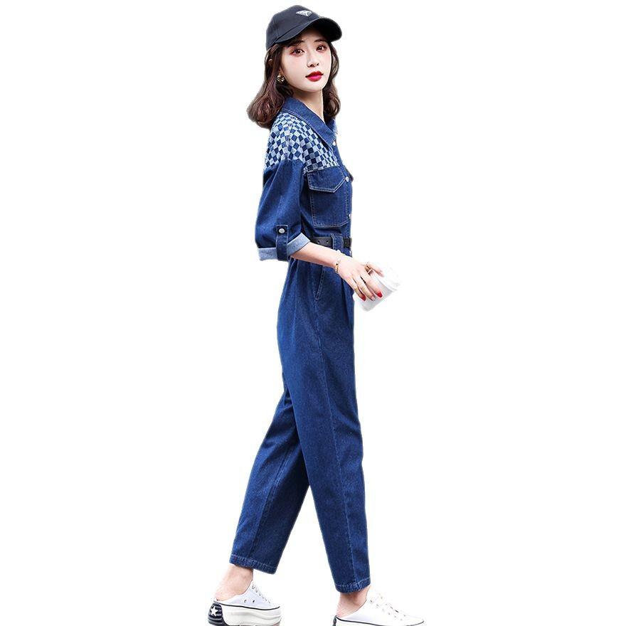 Denim Tooling Jumpsuit Women's Spring and Autumn New Splicing Plaid Design Sense Fashion Popular Jumpsuit