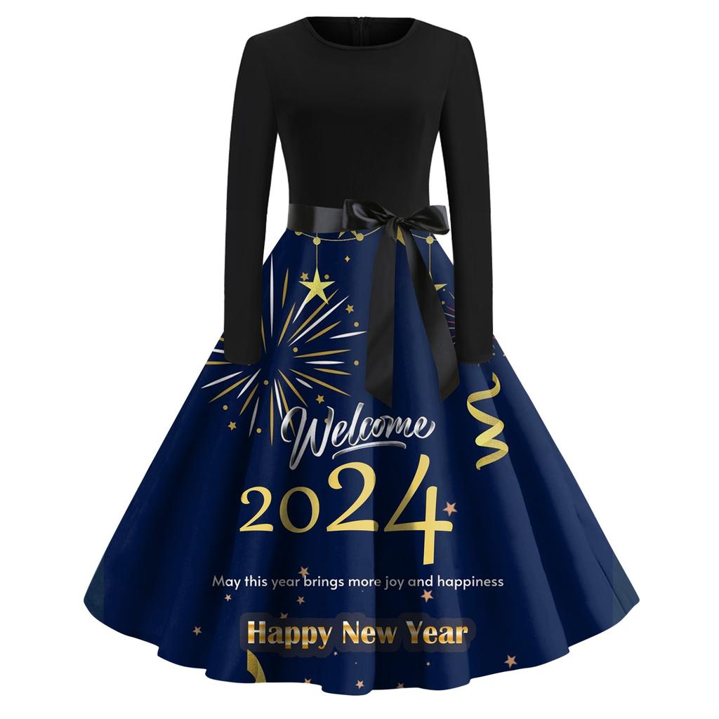 Women's Vintage Classic Dress Long Sleeve 2024 New Year Printed Ound Neck Swing Dress