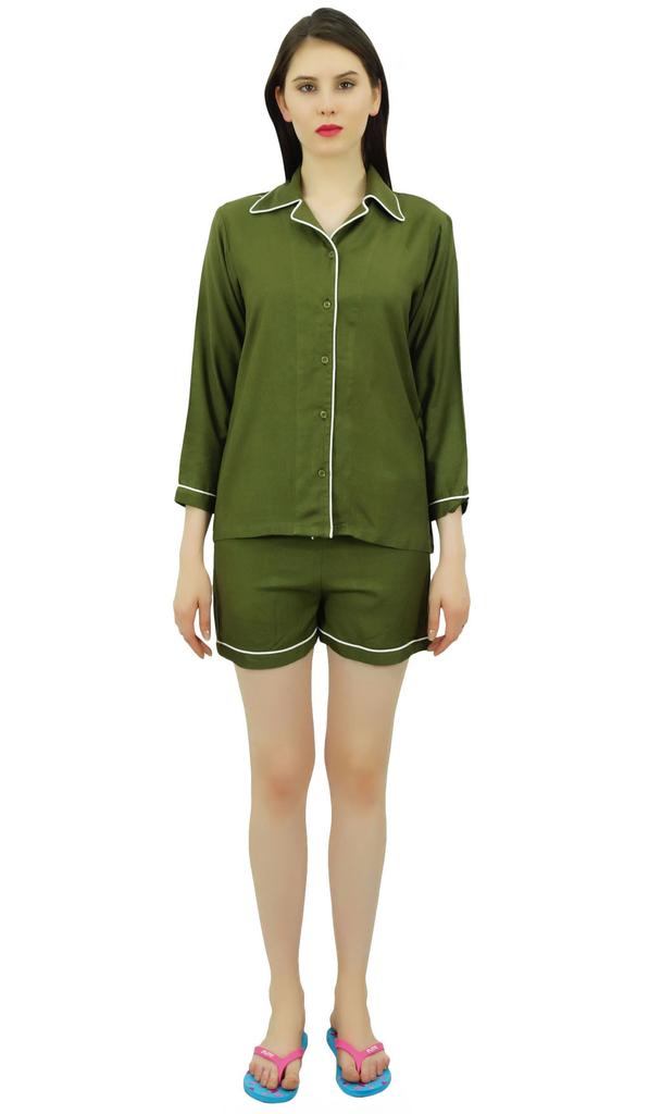 Bimba Button-Down Shirt With Elastic Waist Shorts 2 Pcs Full Sleeve Night Wear