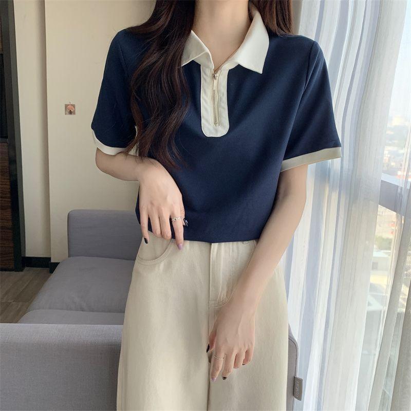 Women's Navy Blue Contrast Collar Half-Zip Polo Shirt Short Sleeve Slim Fit Casual Top
