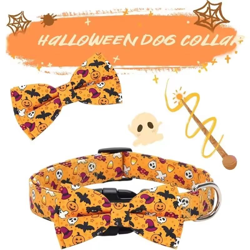 Halloween Dog Collar Puppy Bowtie Collar Adjustable Dog Collar for Small To Large Dogs Pumpkin Bat Ghost Pattern Pet Accessories