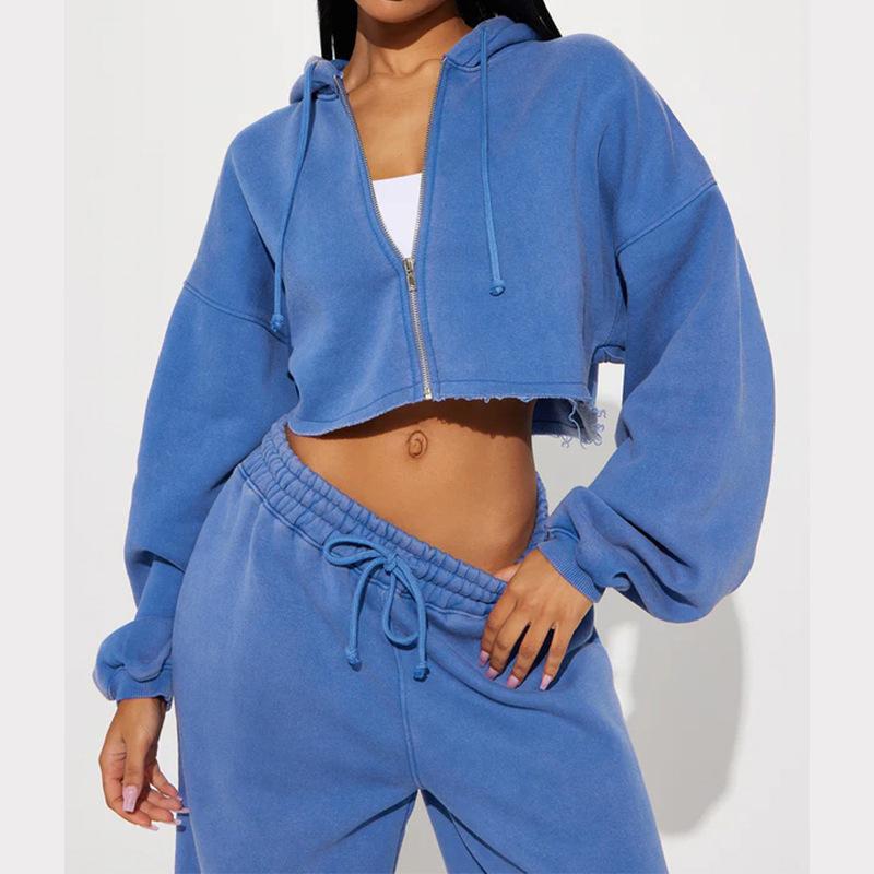 Damski Różowy Casualowy Krótki Top z Kapturem Szerokie Spodnie Dres