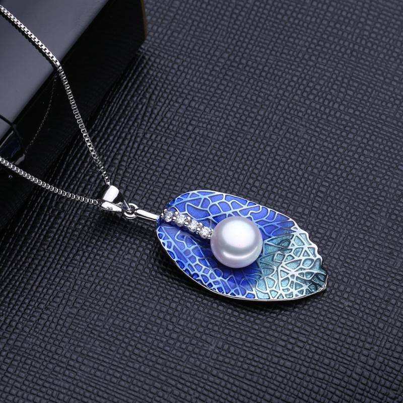 LSOOYH Fashion Blue Leaf Pendant Necklaces For Women Plant Freshwater Pearl Necklace