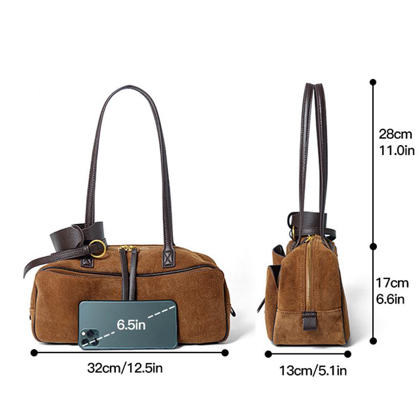 2025 Genuine Coow Leather Suede Bowling Bag Minimalist Luxury Boston Bag Women's Versatile Commuter Top-Handle Shoulder Bag