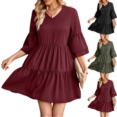 Women's  Fashion Summer Solid Color V-Neck Loose Short Sleeve Casual Dress