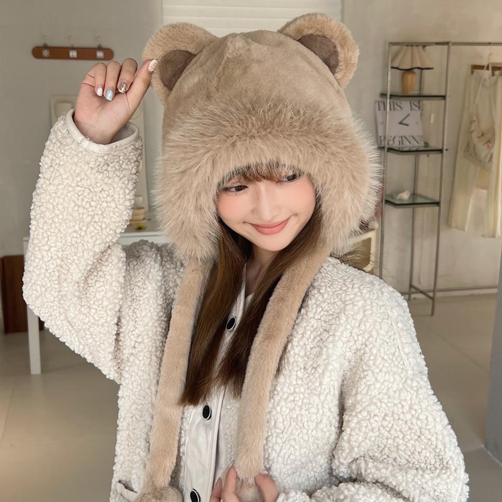 Cute Bear Ears Plush Hat Women's Winter Cycling Cold Protection Thickened Warm Face Small Ear Hat
