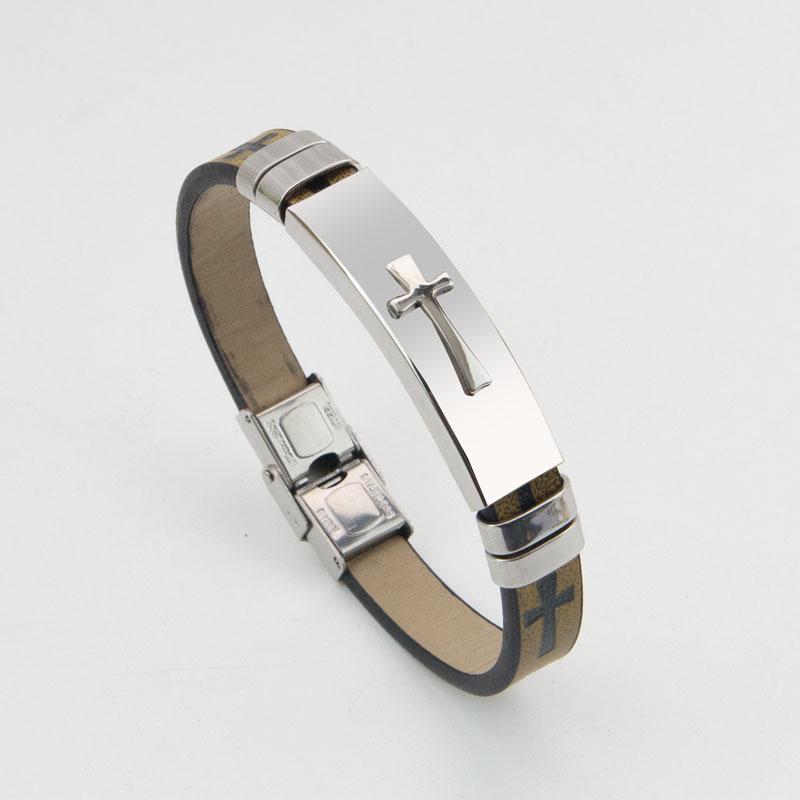 Trendy Men's Stainless Steel Cross Bracelet with Vintage Leather