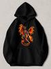 Black Pullover Hoodie with Fiery Orange Dragon Graphic Print Long Sleeve Sweatshirt with Kangaroo Pocket And Drawstring Hood Casua