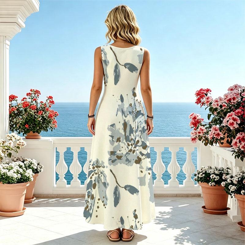 Floral U-Neck Sleeveless Maxi Dress,Comfortable Fresh Style for Beach Vacation,Daily Wear & Travel Photos
