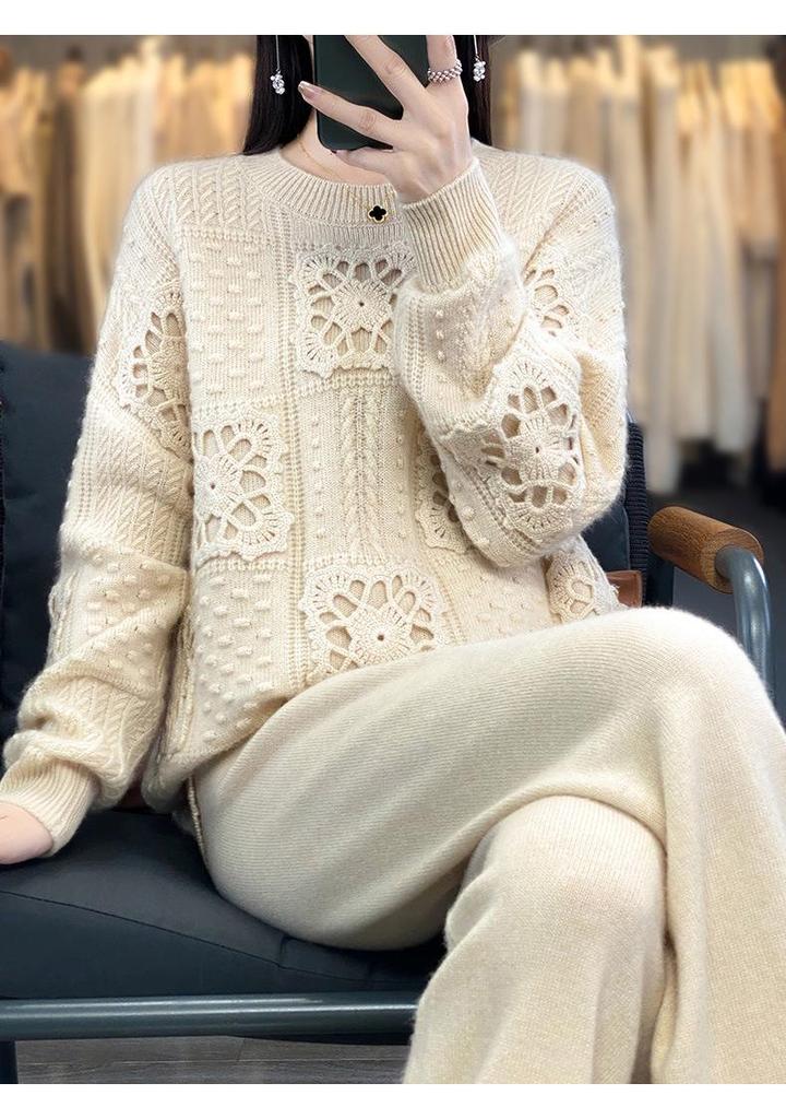 Handmade Women's Loose Knit Wool Sweater - Round Neck, Thick, Trendy, and Stylish Hollow Design.