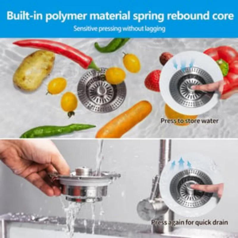 New Upgraded 3 In 1 Kitchen Sink Drain Strainer - Stopper Set Stainless Steel Kitchen Sink Stopper Up Anti-Clogging Sink Strain