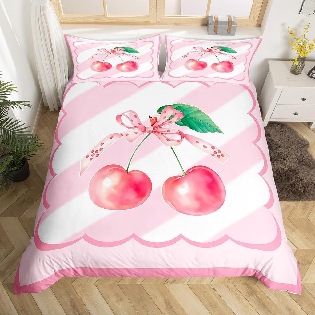 Comforter Pink Cherry Queen Size Cute Cartoon Fruit Comforter With Girl Kid Woman Breathable Bedding Set