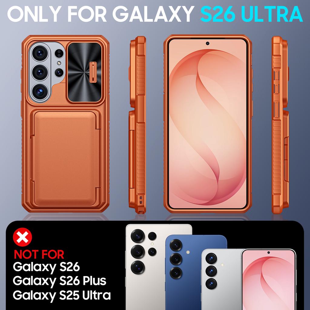 Mit Kartenhalter, Schiebefach für die Kamera und Ständer für Samsung Galaxy S26 Ultra Handyhülle, Anti-Fall PC+TPU Brieftaschenhülle-Orange