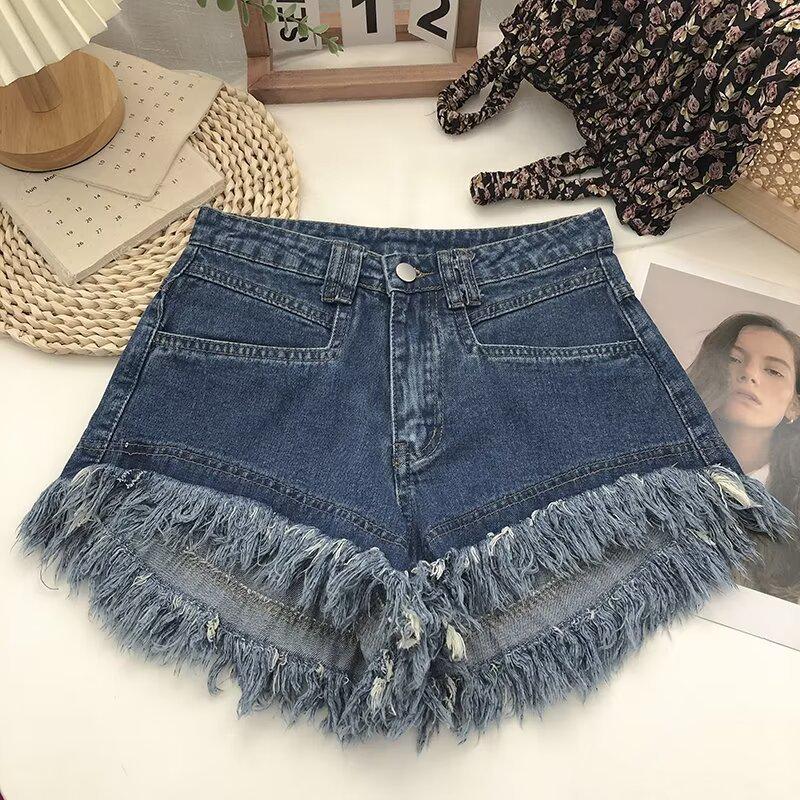 

High-Waisted Frayed A-Line Wide-Leg Jeans for Women – Washed Blue Korean Style, Slimming & Versatile, 2024 Spring/Summer Collection XS синій