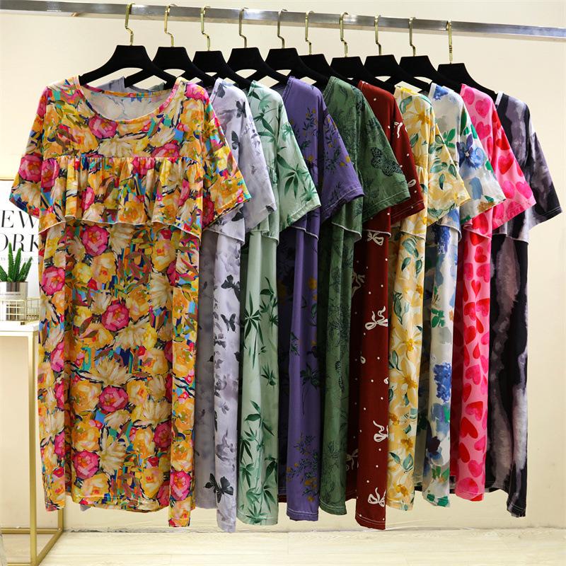 2025 Summer Floral Cotton and Silk Midi Dress - Short Sleeve, Loose Fit Nightgown