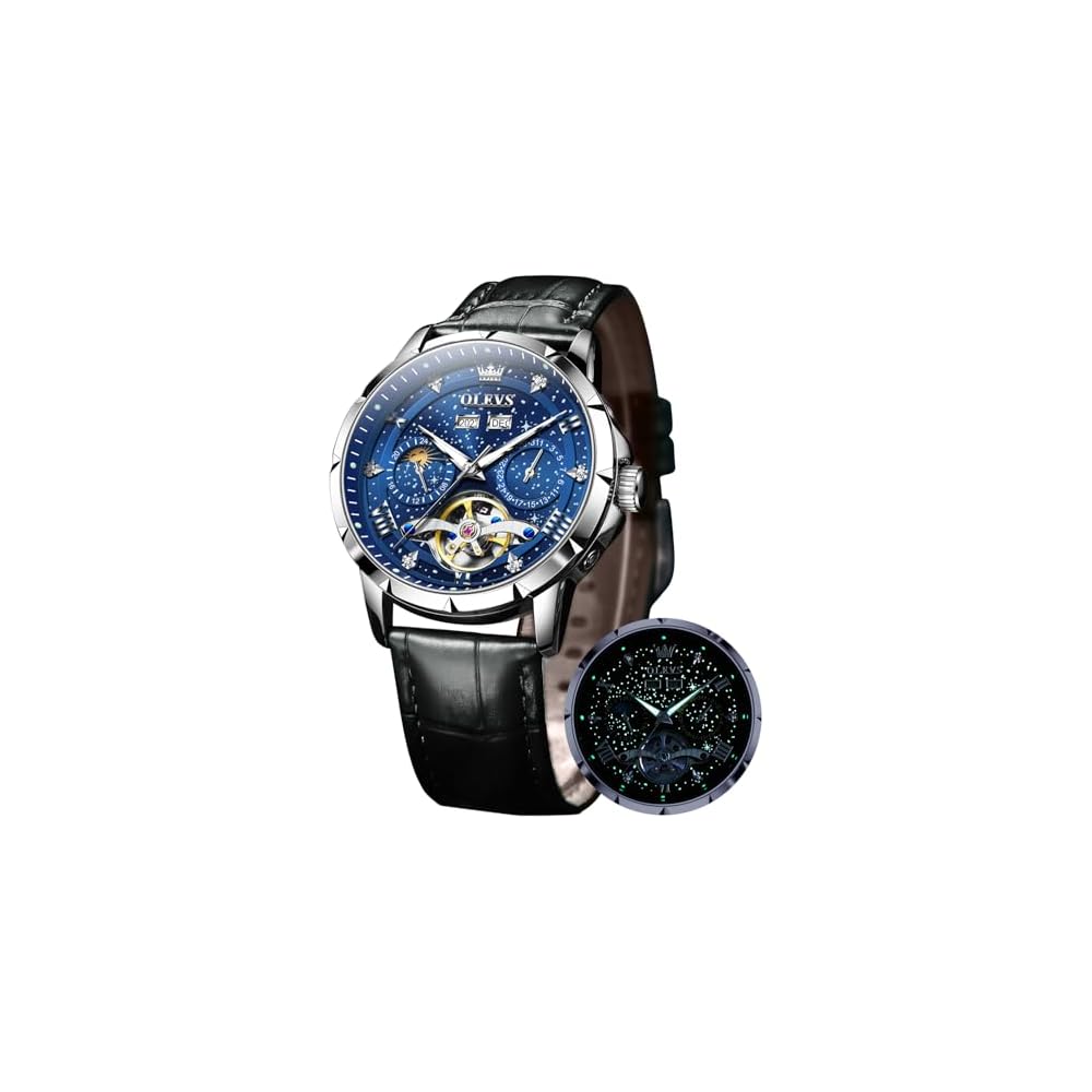 OLEVS Men s Automatic Mechanical Watch Blue Leather Strap Skeleton Dial Waterproof Date Luminous