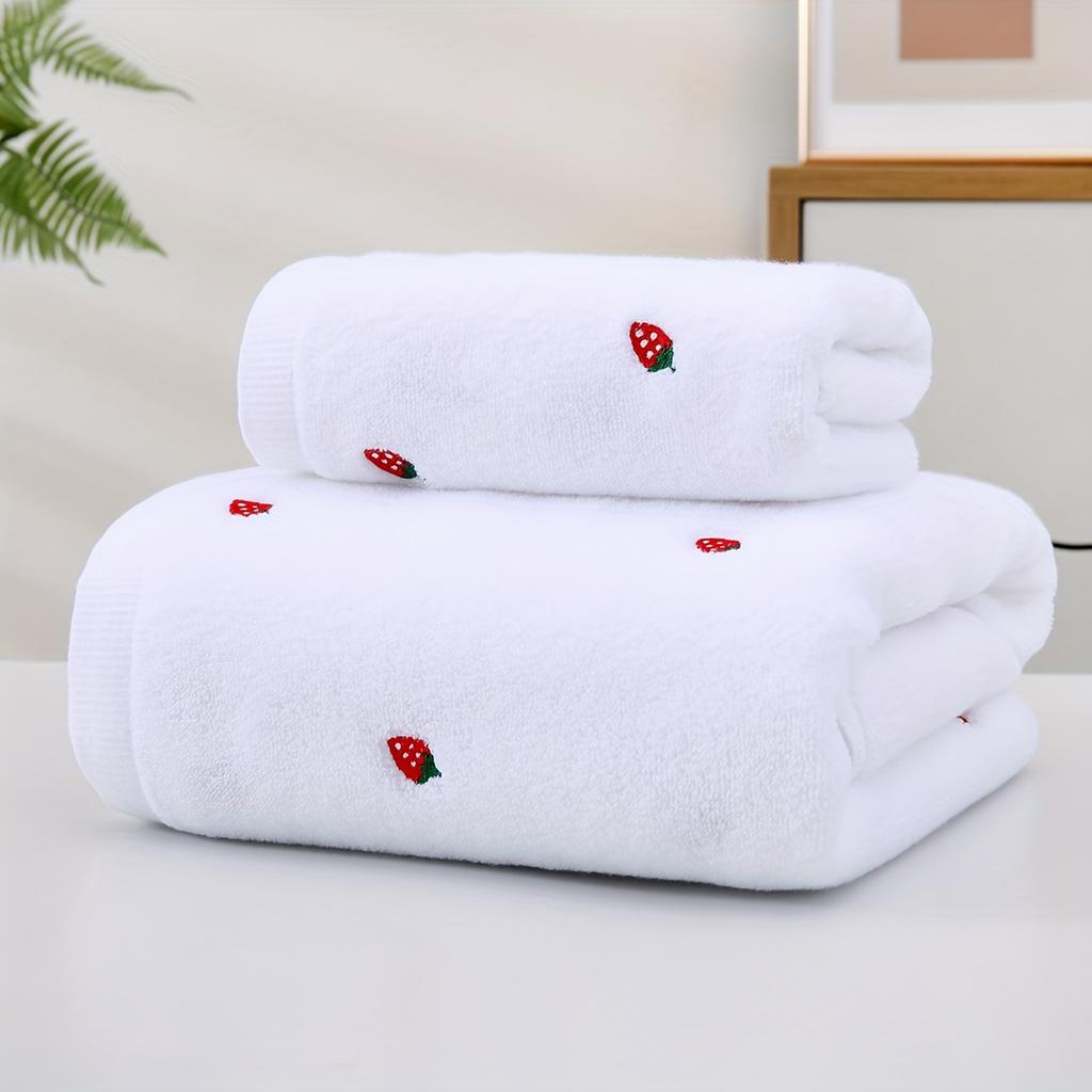 2pcs EverShine Cotton Bath Towel Set Embroidered Strawberries, Ultra Absorbent Woven Towels for Bathroom, SPA, Swimming, Gym