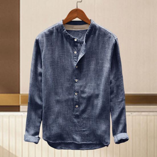 Men Shirt Stand Collar Solid Color Soft Single-breasted Buttons Breathable Long Sleeves Plus Size Casual Wear-resistant Men Tops for Daily Wear