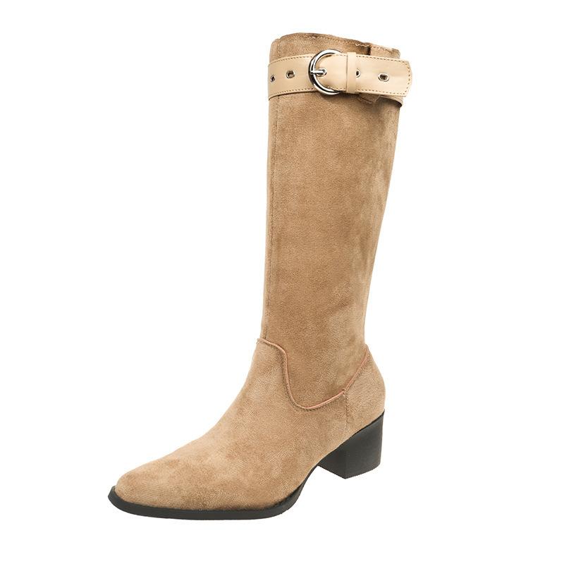 French retro suede thick heel boots women's spring and autumn new belt buckle fashion versatile fashion boots