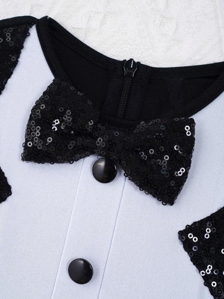 Girls Dance Leotard Round Neck Long Sleeve Bow Tie Sequins Adorned Gymnastics Costume Performance Bodysuit