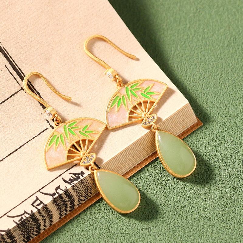925 Silver Chinese Bamboo Leaf Fan Earrings with Imitation Hetian Jade and Enamel for Girls Gold-Plated