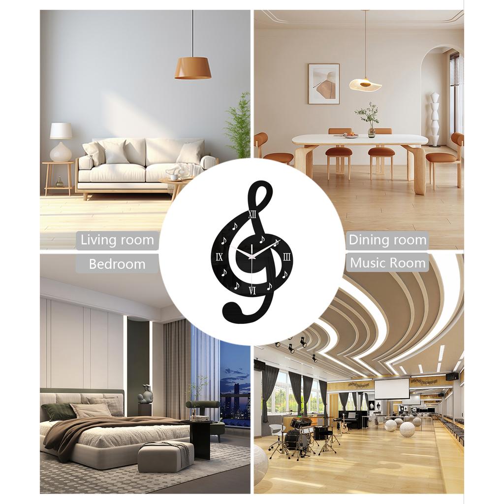 Modern Acrylic Analog Black Wall Clock With 3D Musical Note Design Roman Numerals Quiet Movement Easy Installation