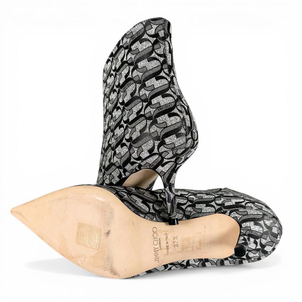 Ausgezeichnete JIMMY CHOO Stiefeletten MARINDA 65 Monogramm Silber Damen 37.5 Gebraucht