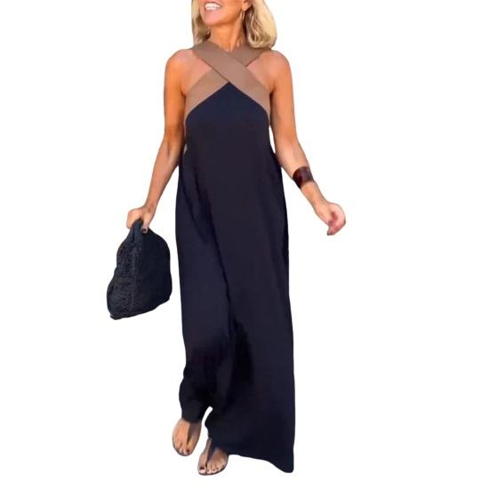 Women Evening Dress Cross Neck Off Shoulder Backless Robe Dress Solid Color Loose Maxi Dress for Beach Party Prom Vacation