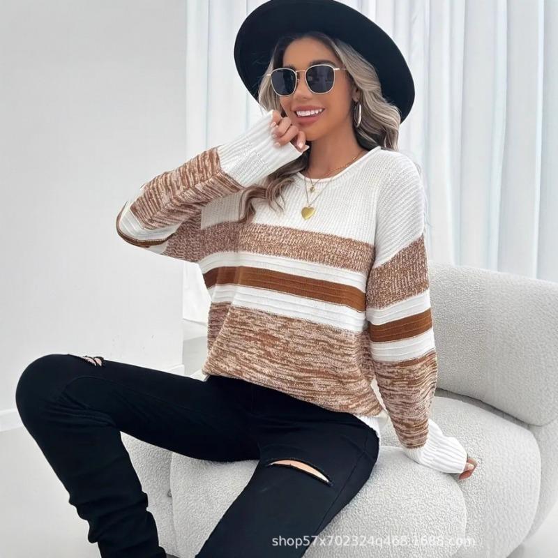 Womens Striped Color Block Crew Neck Loose Long Sleeve Knit Sweater