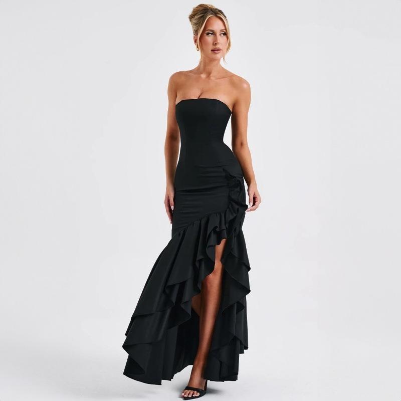 Women's Long Dress Spring and Summer Fashion Elegant Sexy Tube Top Ruffle Edge Sleeveless Knitted Dress