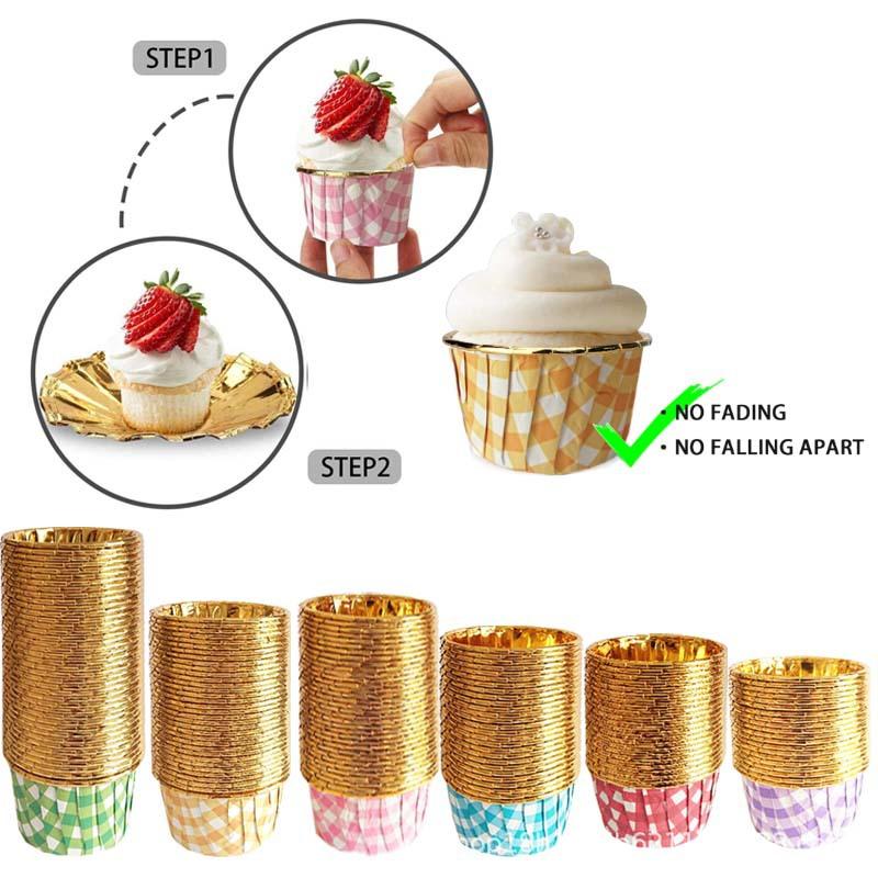 Single-Sided Gold Cake Cupssingle-Sided Aluminum Foil Crimped Paper Cups Bake-Resistant Warm Mafen Mafen Paper Tray Roll Cups 50 Pcs