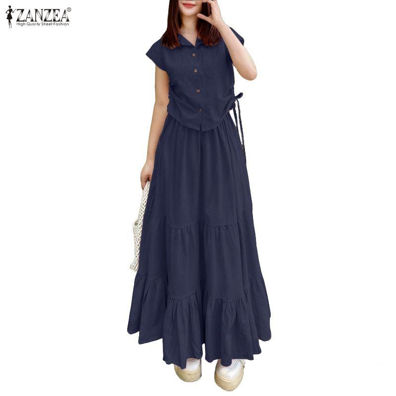 ZANZEA Women Summer Short Sleeve Blouse and Long Skirts Casual Two Piece Suit Sets