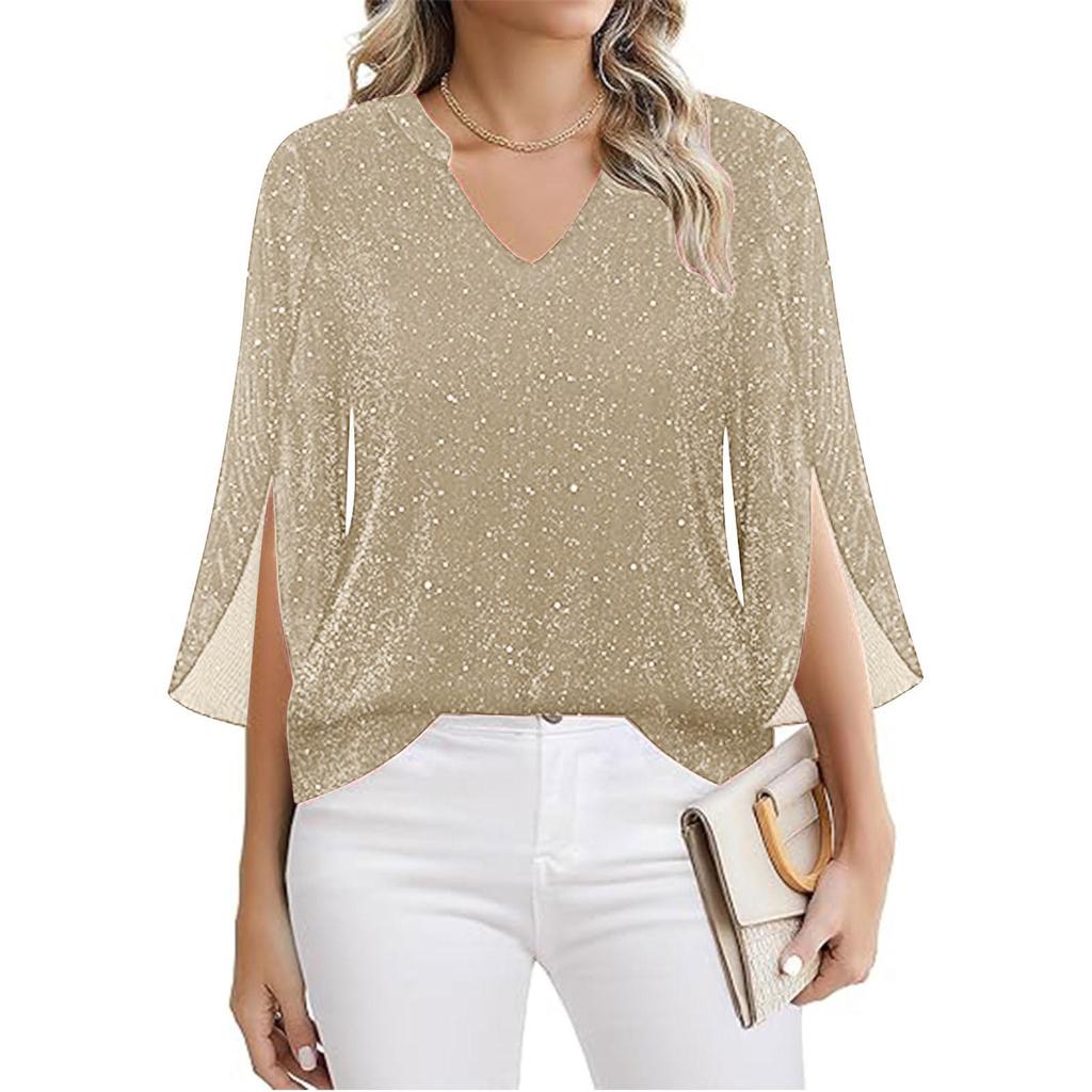 Women’s V Neck Glitter Blouse with Split Sleeve Design Loose Fit Lightweight Top for Everyday Wear