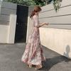 Summer New Dress Big Pendulum Dress Women's Floral Chiffon V-neck Abstract Design Five-quarter Sleeve High Waist Long Dress