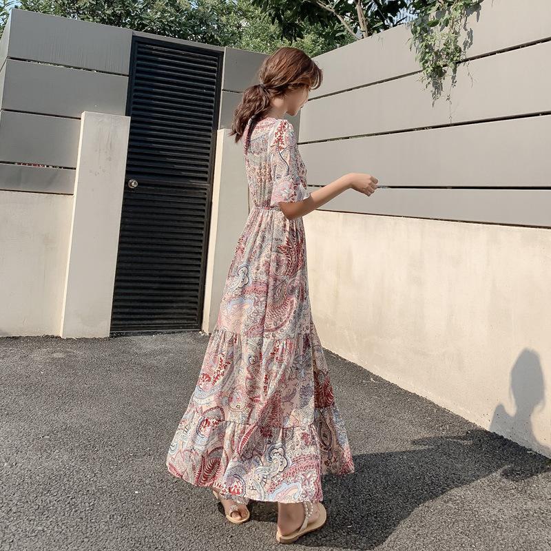Summer New Dress Big Pendulum Dress Women's Floral Chiffon V-neck Abstract Design Five-quarter Sleeve High Waist Long Dress