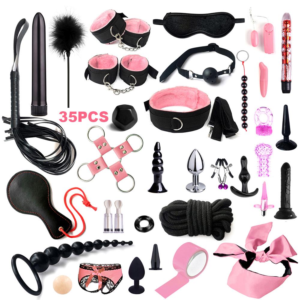 Fetish BDSM Kit Set Sex Toy Handcuffs for Woman Adult Supplies Handcuffs Whip Anal Plug Vibrator Bondage Rope Sexual Sexy Game