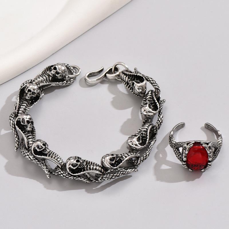 

Retro Fashion Lucky Snake Bracelet & Gem Men s Open Ring Bracelet + Earrings