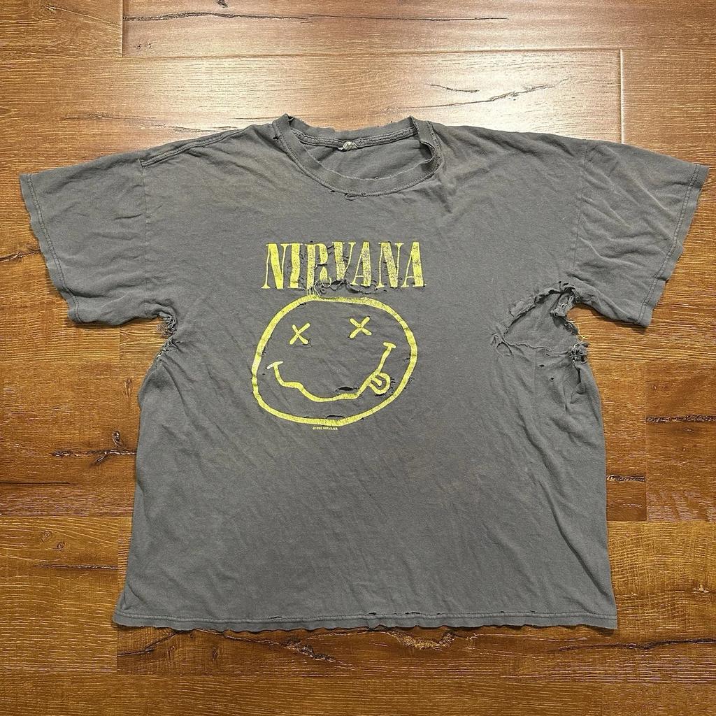 Vintage Nirvana T-Shirt Herren L Grau Kurt Cobain Smiley 1992 Nevermind Grunge Punk