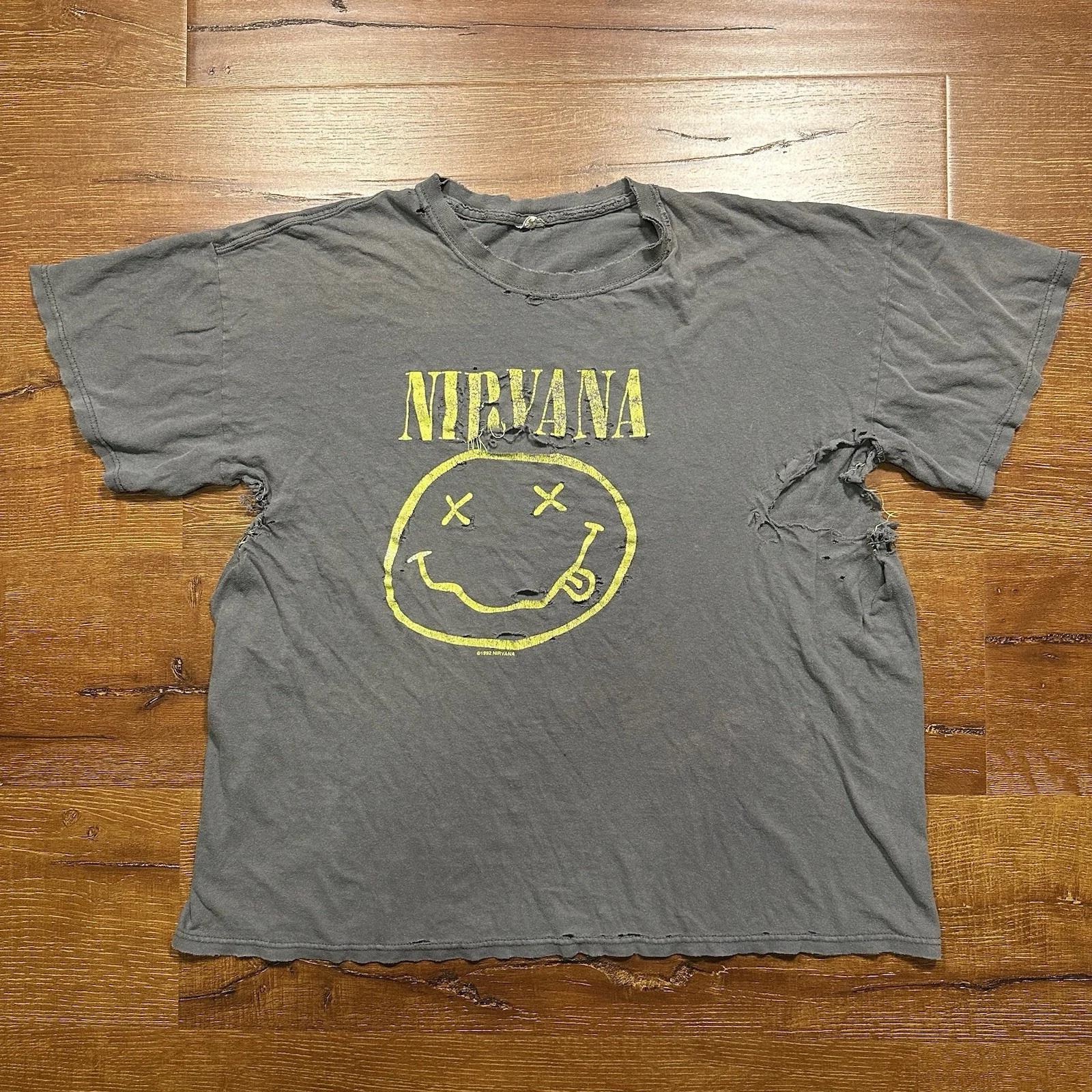 Vintage Nirvana T Shirt Men L Gray Kurt Cobain Smiley 1992 Nevermind Grunge Punk 2XL