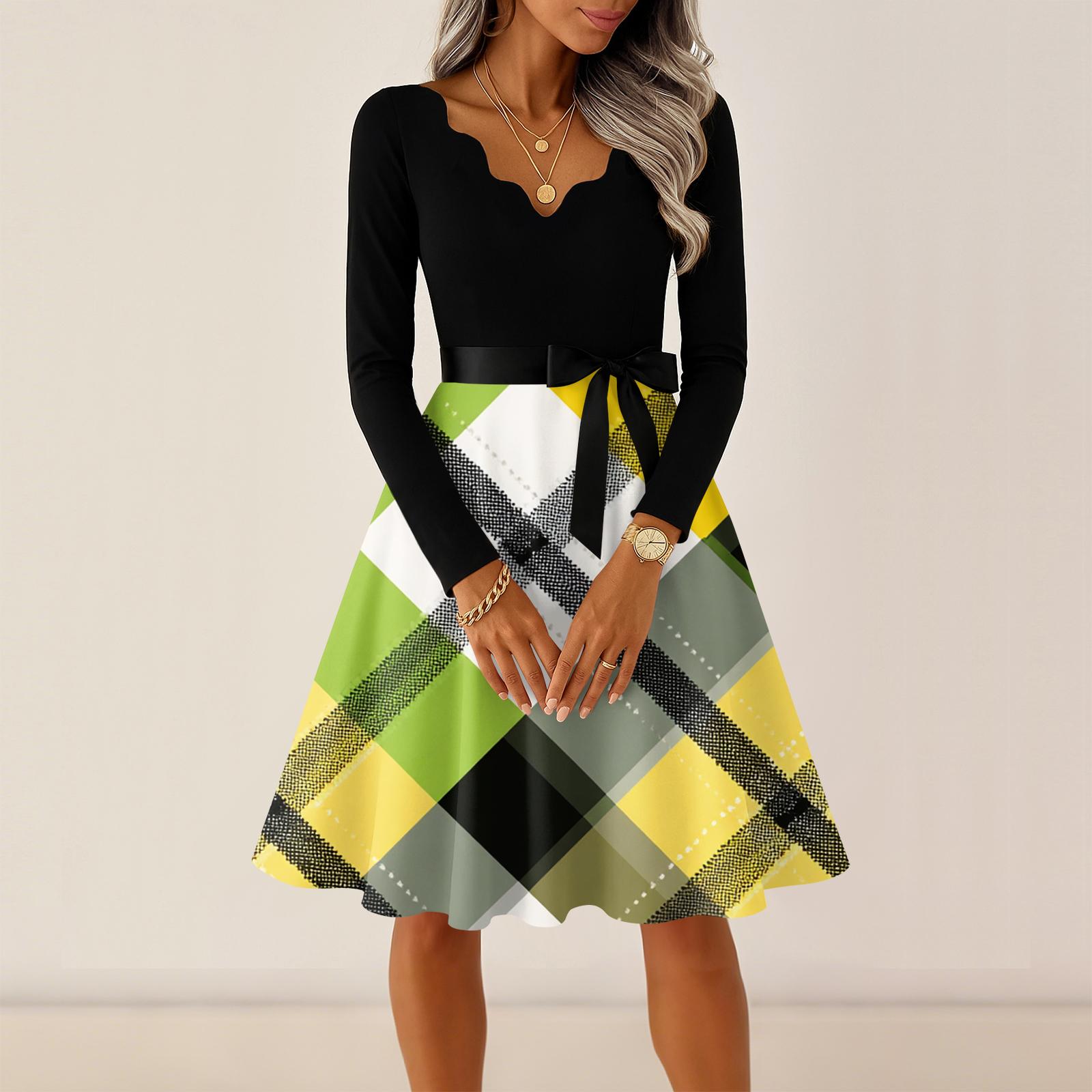 

Женские повседневные модные платья с V-образным вырезом, длинным рукавом, принтом, для вечеринок, винтажные, длинные XL жёлтый